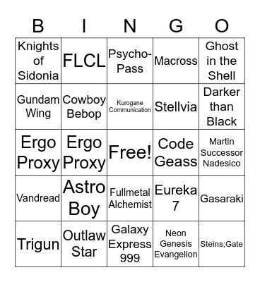 Sci Fi Anime Opening Bingo Card