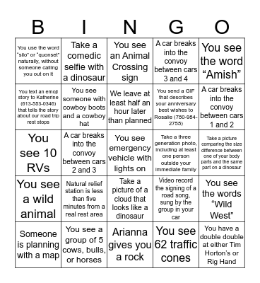 “On the Road Again” BINGO Card