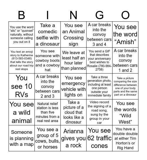 “On the Road Again” BINGO Card