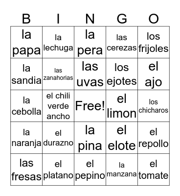 Spanish Bingo Card