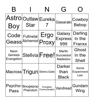 Sci Fi Anime Opening Bingo Card