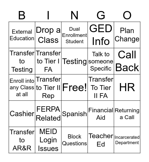 Rio Salado Call Type BINGO Card