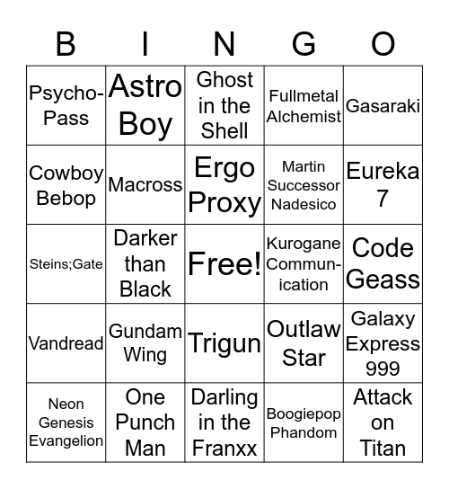 Sci Fi Anime Opening Bingo Card