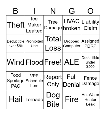 Property Claims  Bingo Card