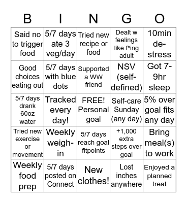 WW Weekly Bingo Challenge 2019 Bingo Card
