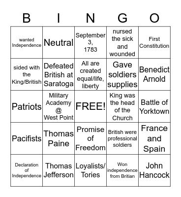 The Revolutionary War Bingo Card