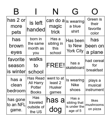 Student Bingo Card