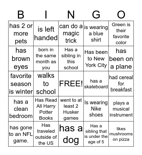 Student Bingo Card