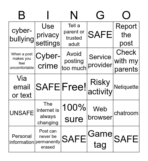 INTERNET SAFETY Bingo Card