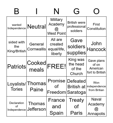 The Revolutionary War Bingo Card