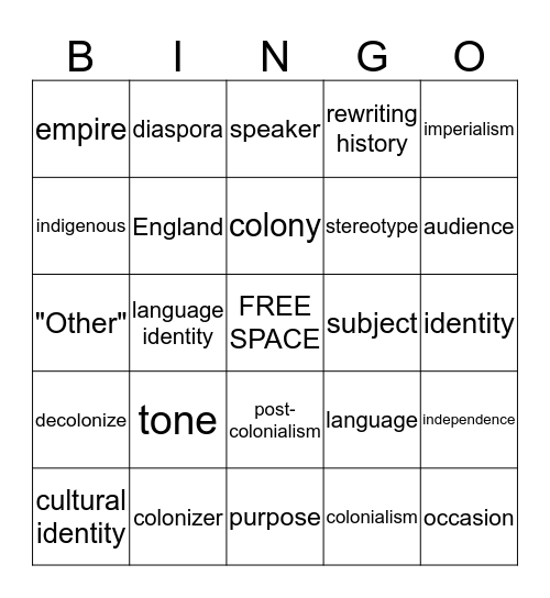 Postcolonial Lit Vocab Bingo Card