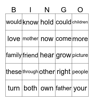 Sight Word Bingo Card