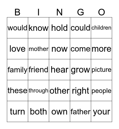 Sight Word Bingo Card