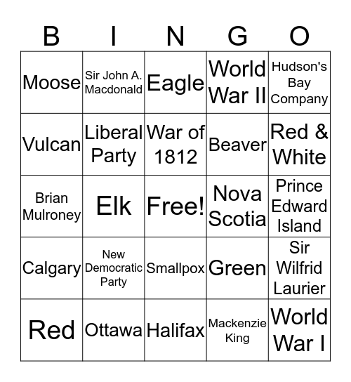 Canada Bingo Card