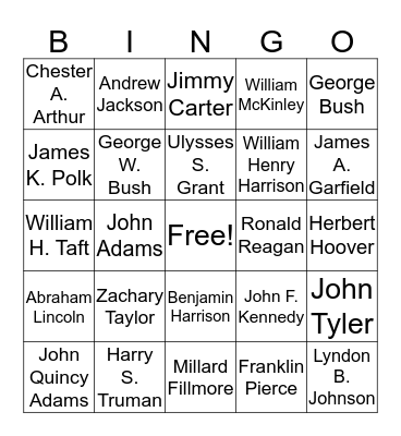 US Presidents Bingo Card