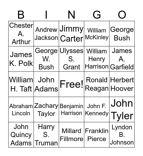 US Presidents Bingo Card