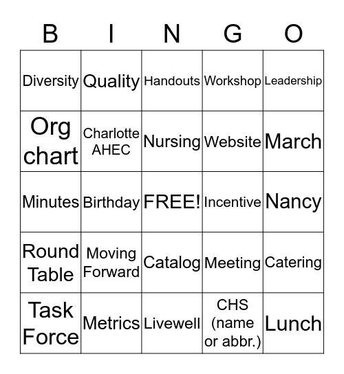 Charlotte AHEC Bingo Card