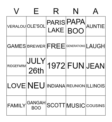 "I Love my" FAMILY BINGO Card