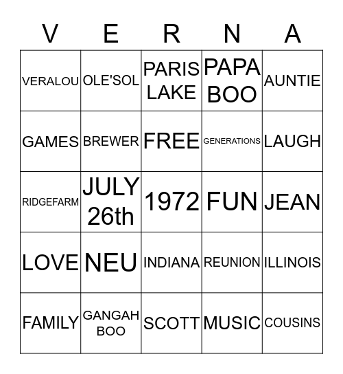 "I Love my" FAMILY BINGO Card