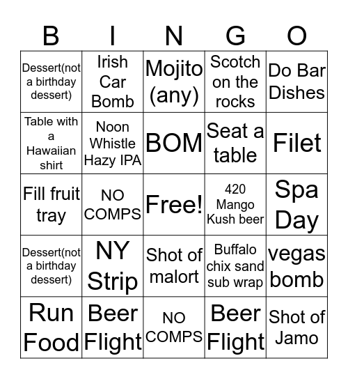 PARK TAVERN BINGO Card