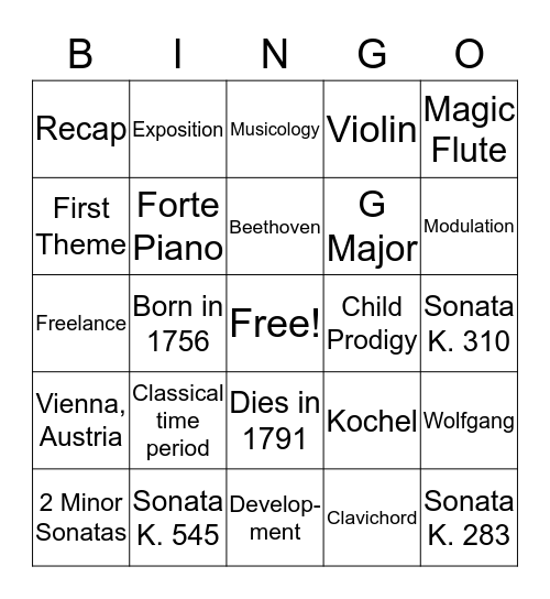 Mozart Bingo Card