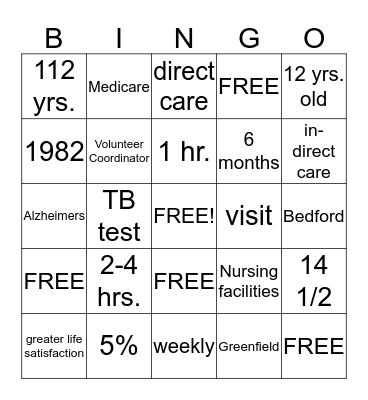 Care Initiatives Hospice Volunteer Bingo Card