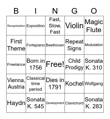 Mozart Bingo Card