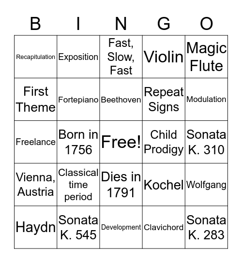 Mozart Bingo Card