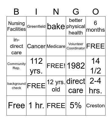 Care Initiatives Hospice Volunteer Bingo Card