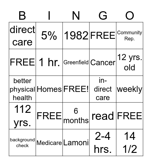 Care Initiatives Hospice Volunteer Bingo Card
