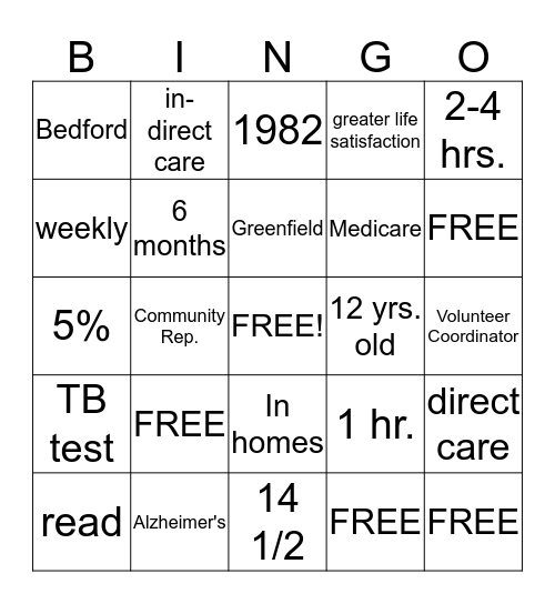 Care Initiatives Hospice Volunteer Bingo Card