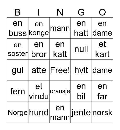 Norwegian Bingo Card