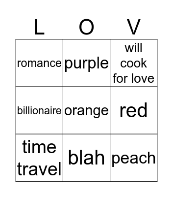 Romance Bingo Card