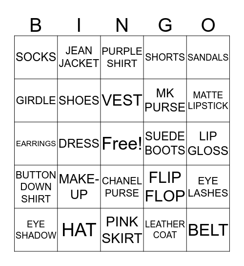 Fashion Bingo Card