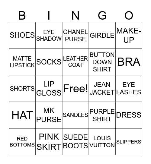Fashion Bingo Card