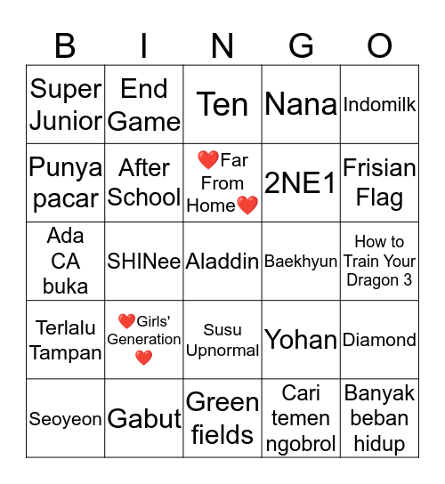 Baby Panda's Bingo Card