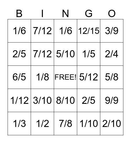 Fraction Bingo Card