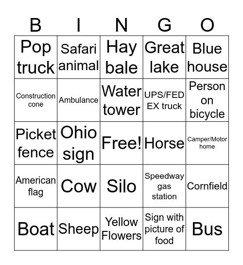 Vacation Bingo Card
