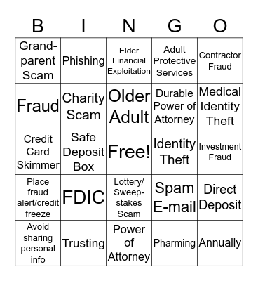 Mainstreet Bank Money Smart BINGO! Bingo Card