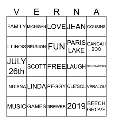 "I Love my" FAMILY BINGO Card