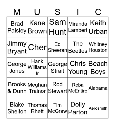 Favorite Singers Bingo Card