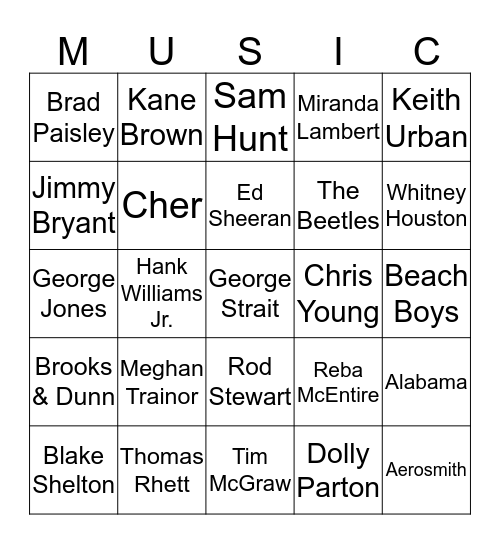 Favorite Singers Bingo Card