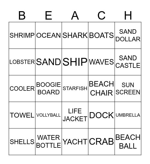 Beach Bingo Card