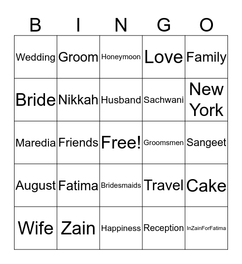 Fatima's Bridal Shower Bingo Card