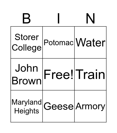 Harpers Ferry Bingo Card