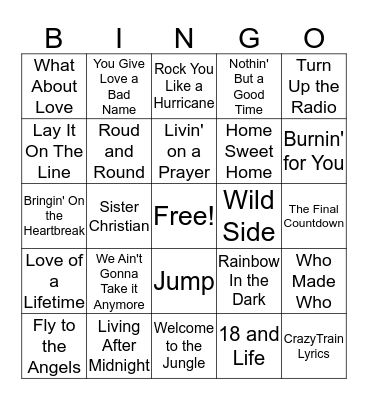 Hair Metal Bingo Card