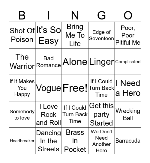 Ladies of Rock Bingo Card