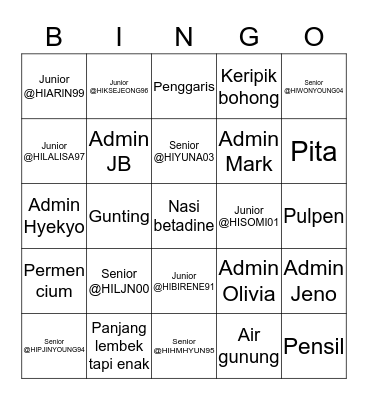 BINGO 4Y1N #HIO2PEK  Bingo Card