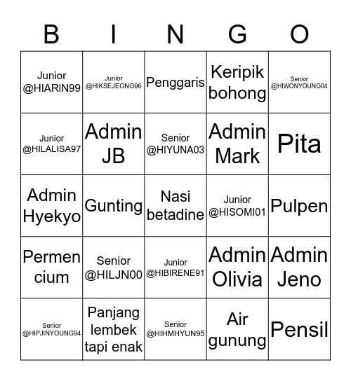 BINGO 4Y1N #HIO2PEK  Bingo Card