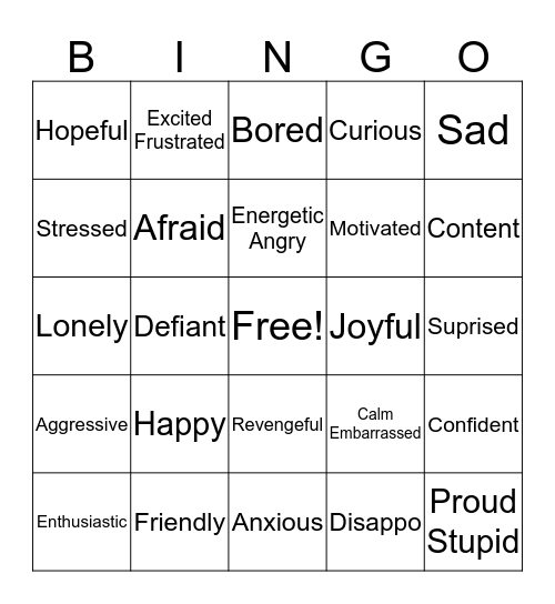 Positive and Negative Emotional words Bingo Card